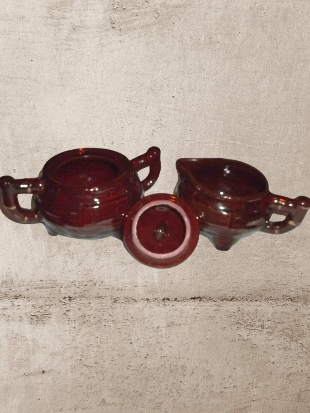 VTG 1950s Japanese Redware Brown Drip Glaze Pot Belly Cream & Sugar Set T5